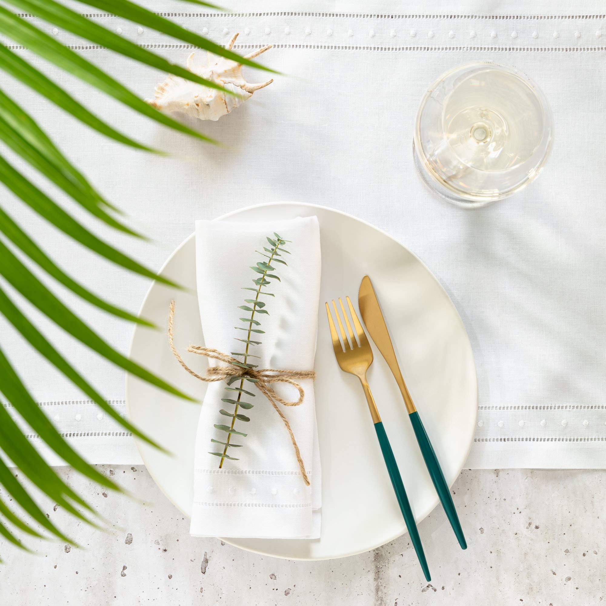 Linen Napkins Set of 4-100% Flax Linen White Dinner Napkins with Embroidered Dot 18 x 18 inch - Hemstitch Cloth Napkins Washable for Summer, Father's Day, 4th of July and Wedding