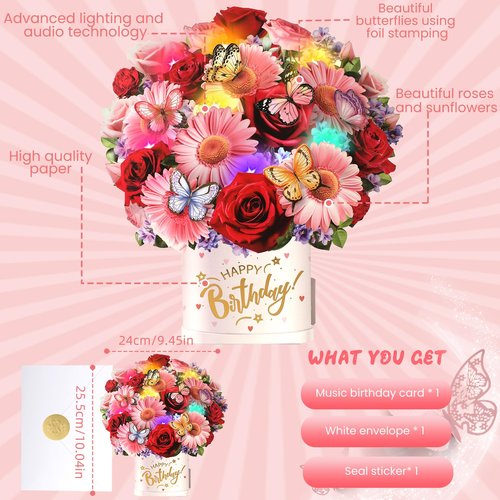 Ecloverlife Birthday Cards with Music & Lights, Pop Up Happy Birthday Cards, 10 Inch Size Daisies & Butterflies Flower Bouquet, Birthday Cards for Girls, Women, Wife, Mom, Sisters