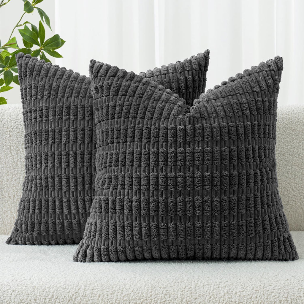 MIULEE Corduroy Throw Pillow Covers - Soft Boho Striped Design | 18x18 Inch Dark Grey Decor for Sofa & Bed