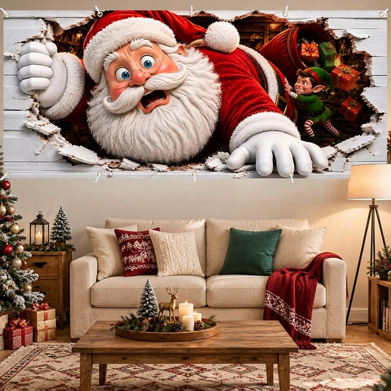7x16 Ft Christmas Garage Door Banner - 3D Santa Breaking Through, Large Indoor/Outdoor Holiday Backdrop - Variation: Funny Stuck Santa