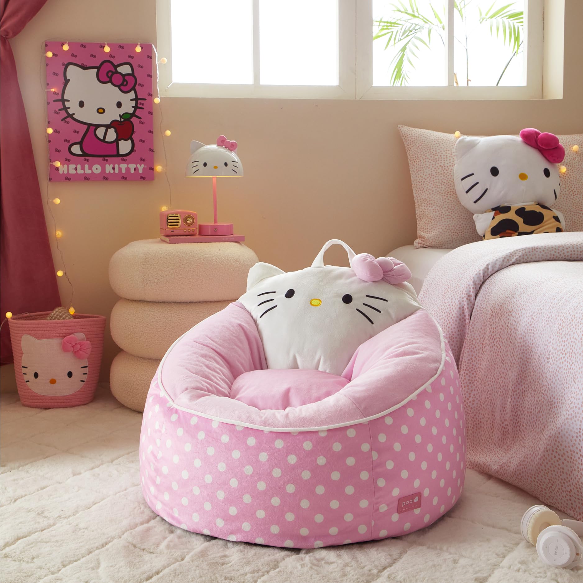 Sanrio Hello Kitty Bean Bag Chair for Kids,Figural Hillside Design by pod, Soft & Durable Fabric, 24x24x17, Comfy Seat for Bedrooms & Playrooms