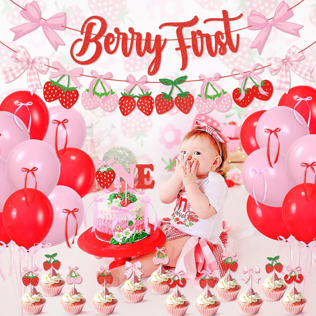 Skiennix Pink Bow Strawberry First Birthday Party Decor - Glitter Berry Banner & Cake Topper Set