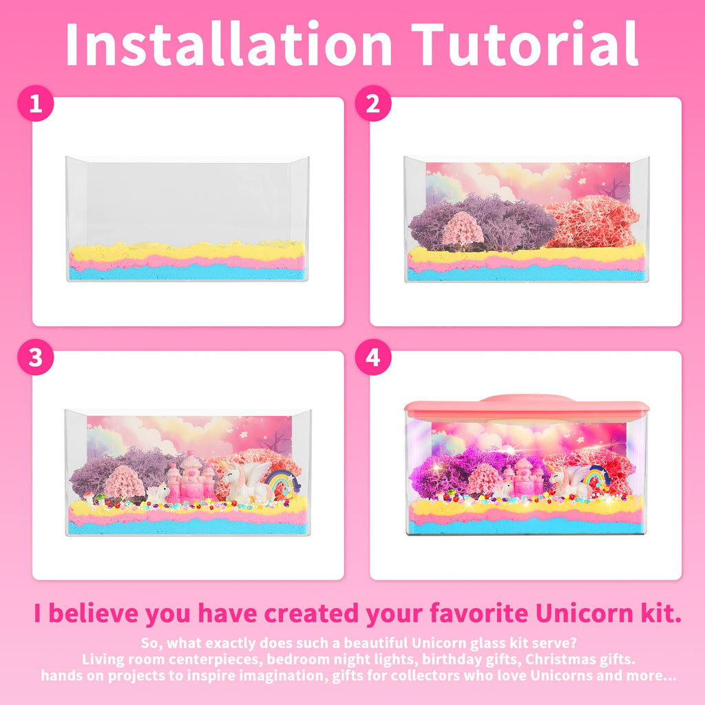 Unicorn Light-Up Terrarium Kit Toys for Kids - Not Fragile - LED Night Light Birthday Gift for Girls Ages 4 5 6 7 8-12 Year Old - DIY Arts and Crafts Kit, with Music, Stickers, Background