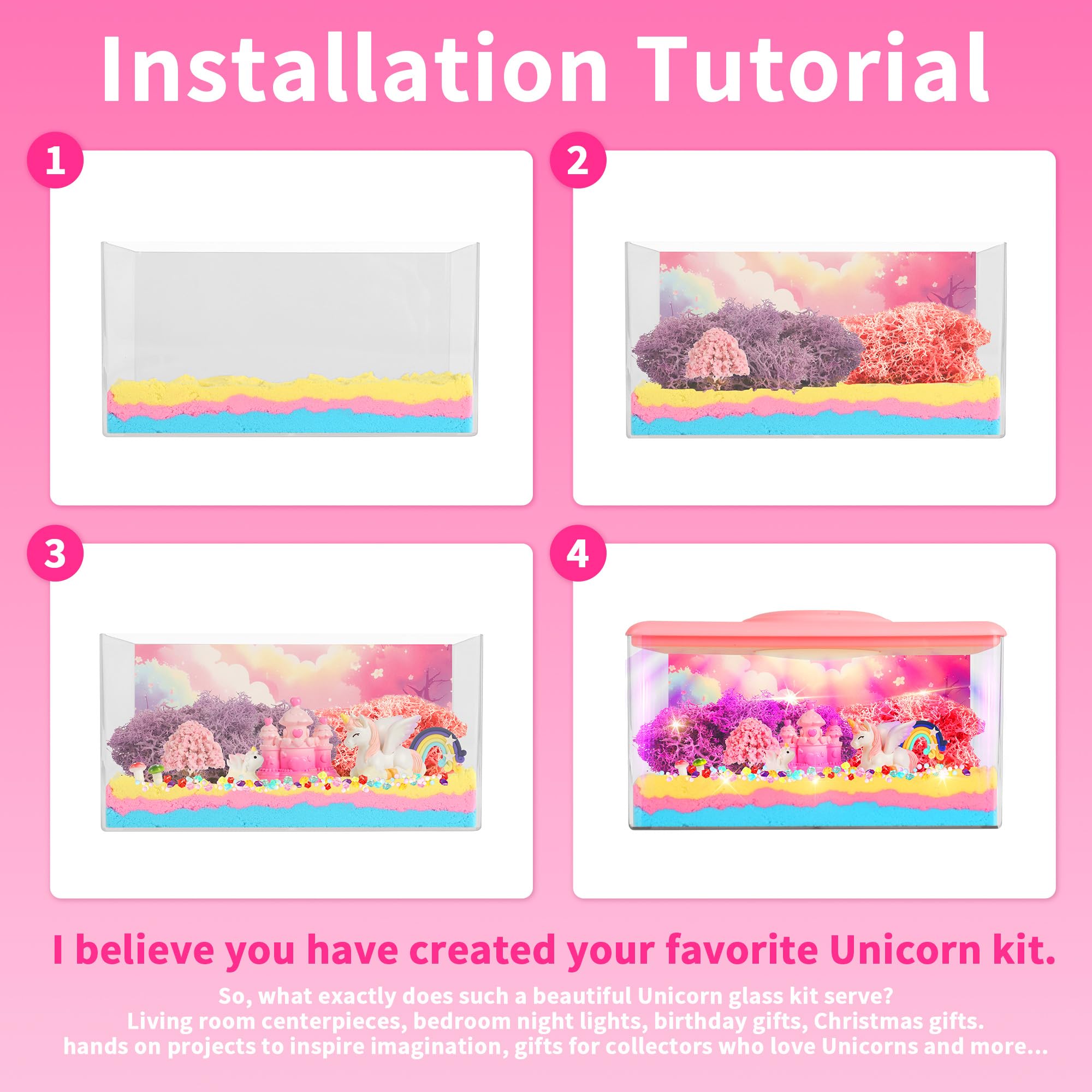 Unicorn Light-Up Terrarium Kit Toys for Kids - Not Fragile - LED Night Light Birthday Gift for Girls Ages 4 5 6 7 8-12 Year Old - DIY Arts and Crafts Kit, with Music, Stickers, Background