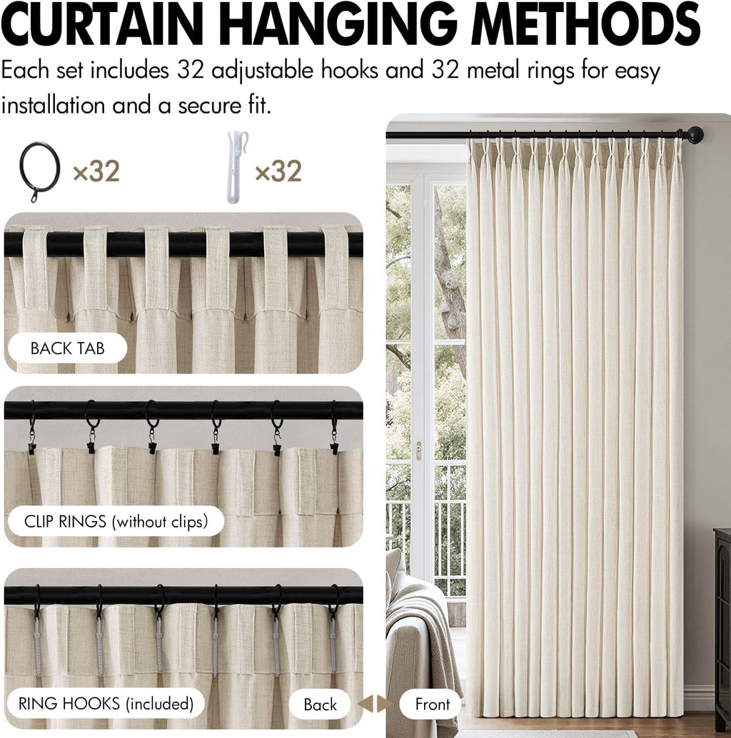MIULEE Pinch Pleated Thick Linen Curtains - 90-Inch Ivory Cream Semi-Sheer Drapes | 4 Panels for Living Room & Bedroom