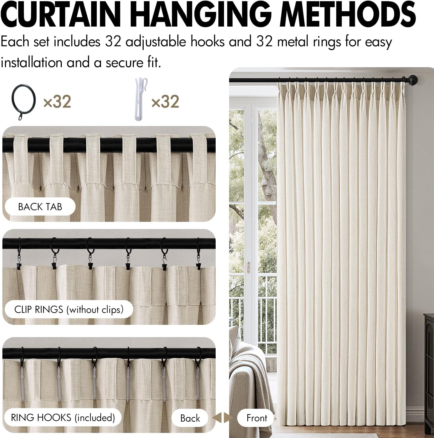MIULEE Pinch Pleated Thick Linen Curtains - 90-Inch Ivory Cream Semi-Sheer Drapes | 4 Panels for Living Room & Bedroom