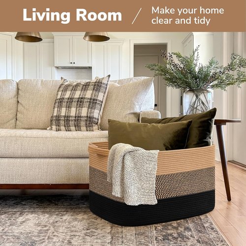 Goodpick Large Wicker Blanket Basket - 22" x 17" x 12" | Decorative Rope Laundry & Toy Storage for Living Room & Bedroom