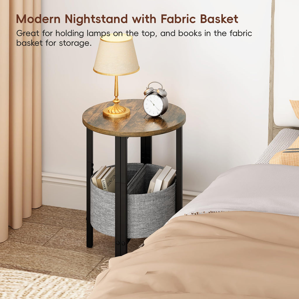Vagusicc Small Round Side Table, Accent End Table with Storage Basket, Set of 2 Half Round Coffee Table End Table, Half Moon Bedside Table, Modern Nightstand Couch Table for Living Room Bedroom, Brown