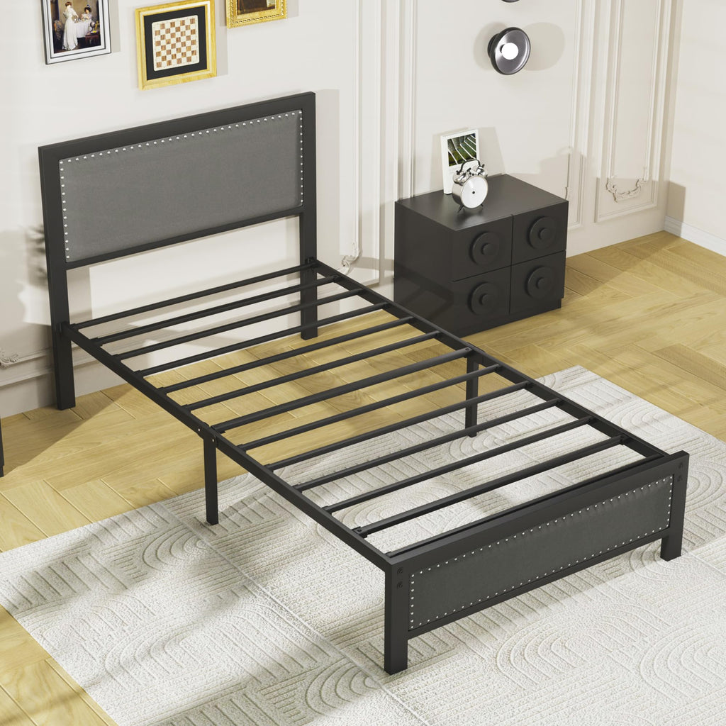 VECELO Twin Size Bed Frame with Upholstered Headboard, Heavy-Duty Platform with Strong Steel Slats, No Box Spring Needed, Easy Assembly, Black&Grey