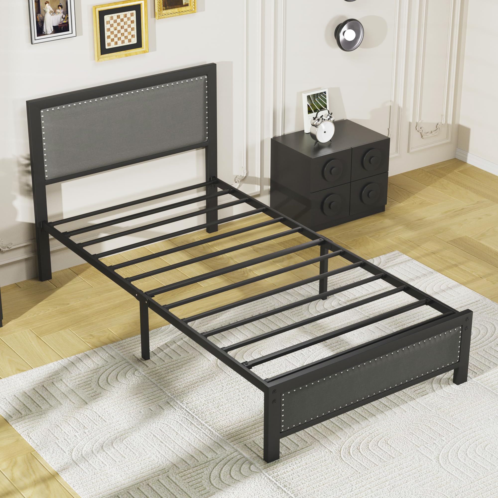 VECELO Twin Size Bed Frame with Upholstered Headboard, Heavy-Duty Platform with Strong Steel Slats, No Box Spring Needed, Easy Assembly, Black&Grey