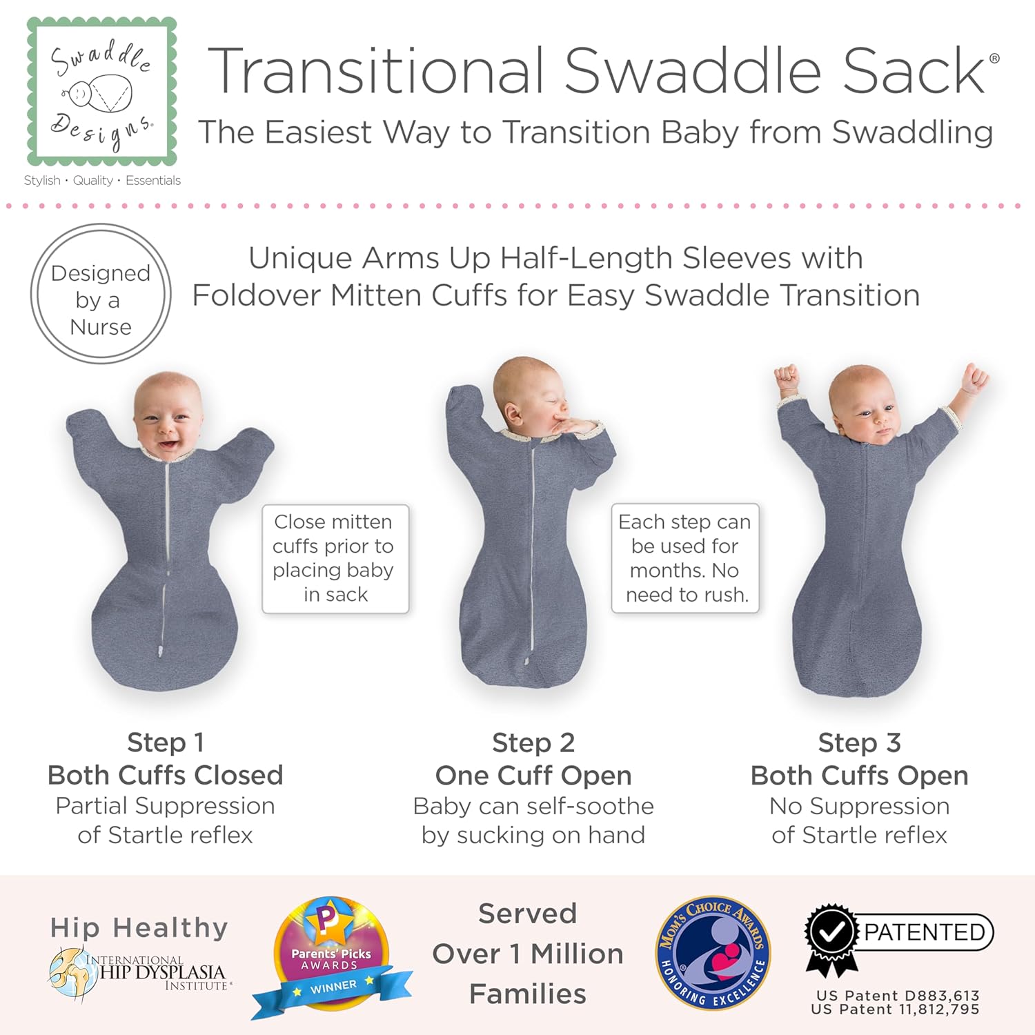 SwaddleDesigns Transitional Swaddle Sack - Arms Up Half-Length Sleeves & Mitten Cuffs | Medium 3-6 Months, 14-21 lb, Heathered Denim