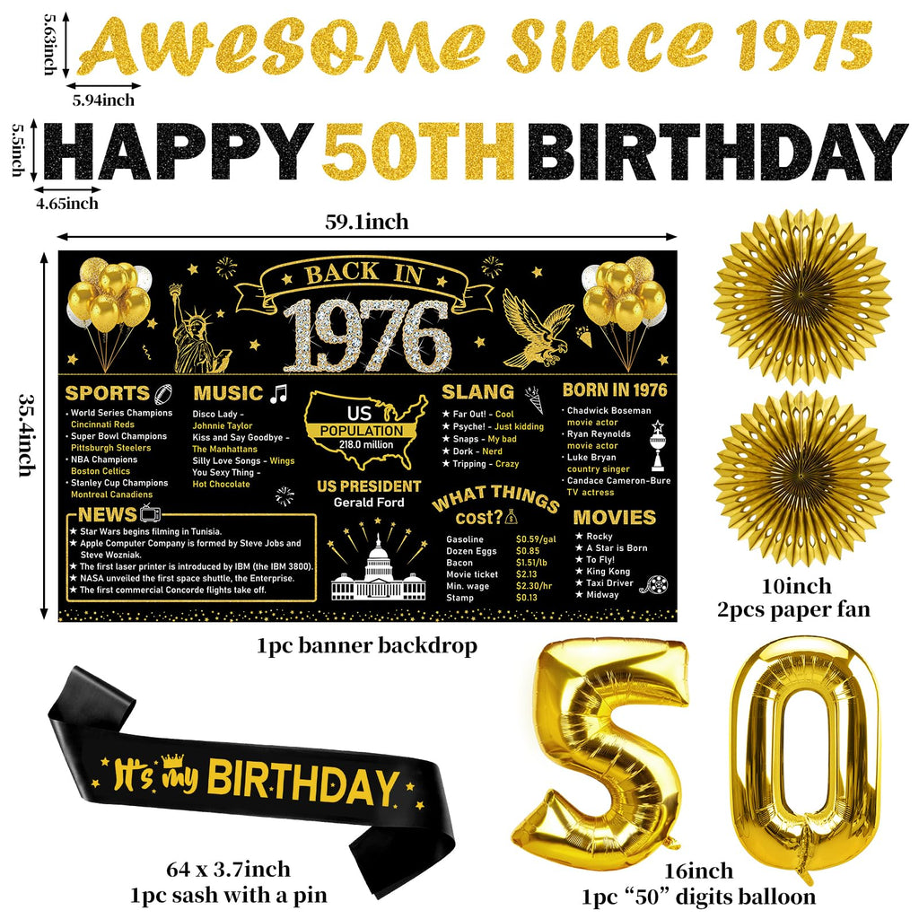 Turypaty 1976 50th Birthday Decorations for Men Women, Black Gold Happy 50 Years Old Birthday Banner Backdrop Wall Sign Balloons Sash Table Cake Topper Honeycomb Centerpieces Paper Fans Party Supplies