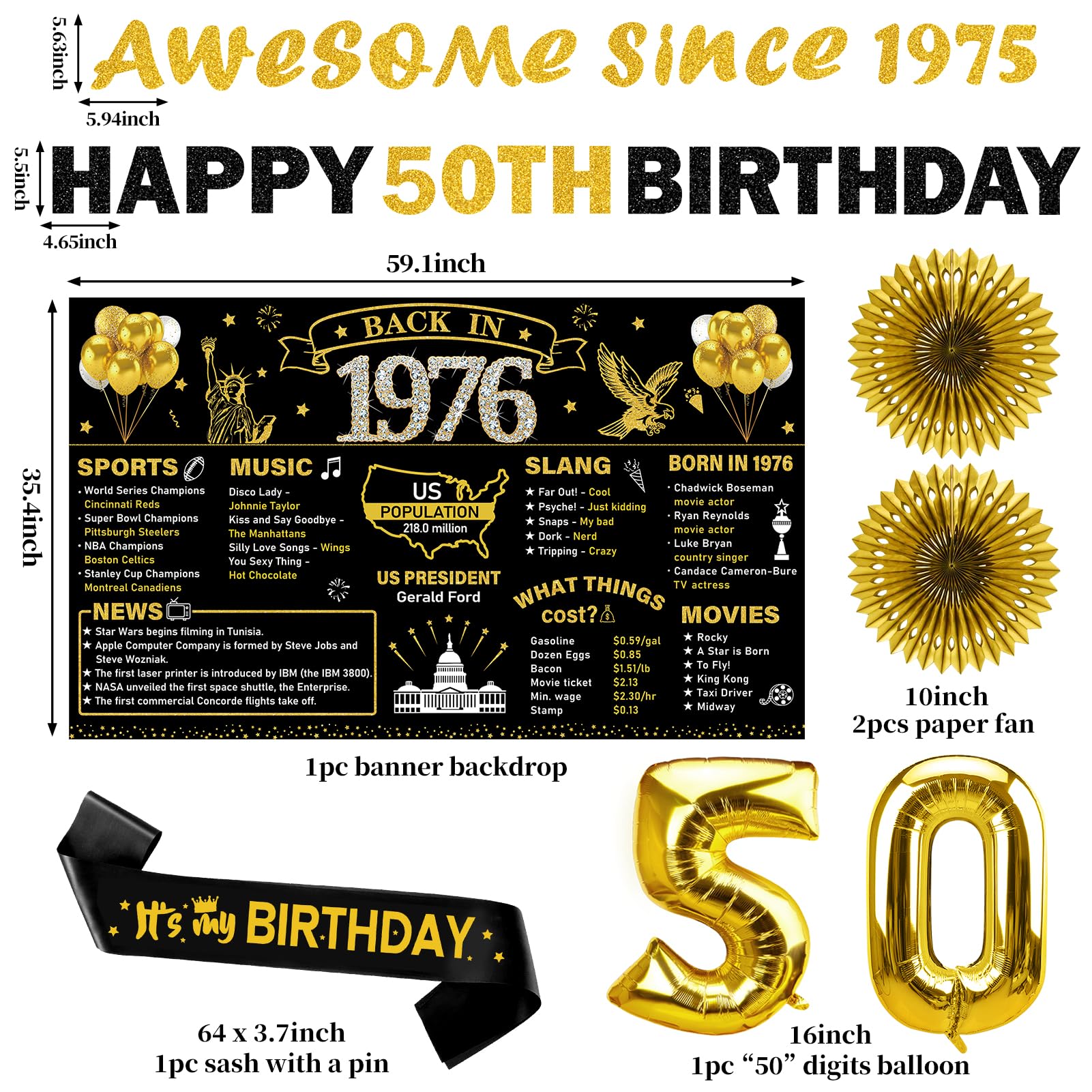 Turypaty 1976 50th Birthday Decorations for Men Women, Black Gold Happy 50 Years Old Birthday Banner Backdrop Wall Sign Balloons Sash Table Cake Topper Honeycomb Centerpieces Paper Fans Party Supplies