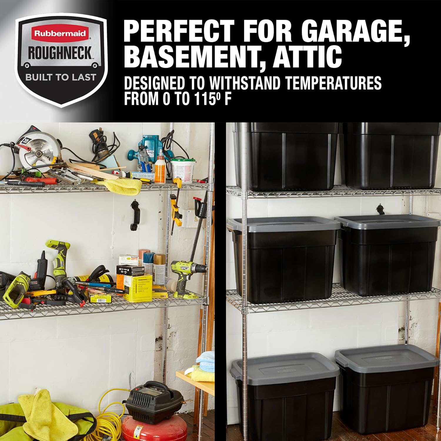 Rubbermaid 18 GAL Garage Storage Bins - Heavy-Duty, Stackable, Durable Plastic - Solid Black & Grey (6 Pack)