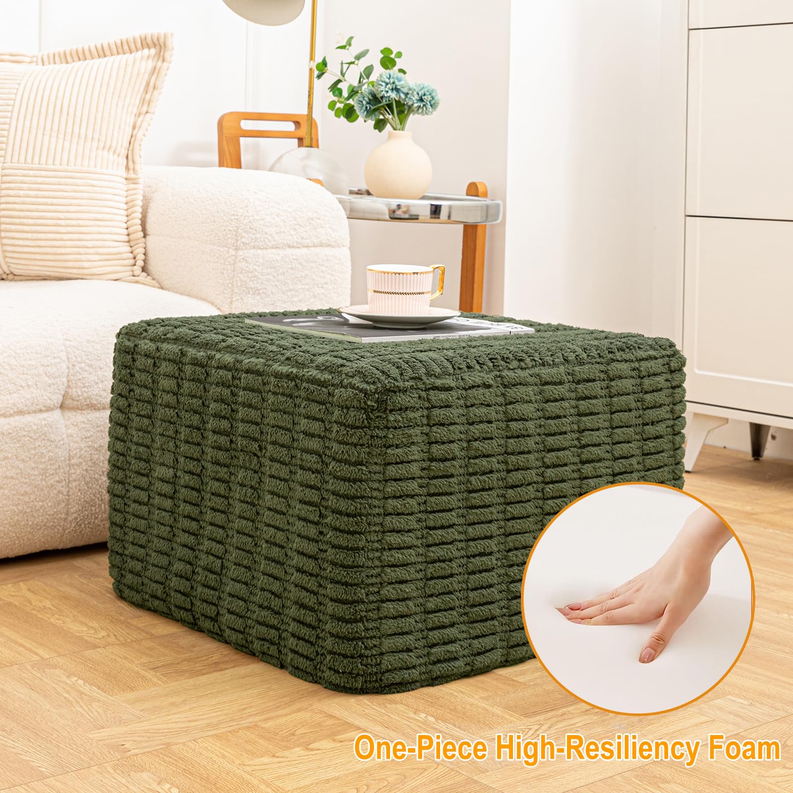 Poofieotto 20x20x14 Inches Fluffy Square Pouf Ottoman - Plush Furry Boneless Ottoman Foot Rest Stool with High-Density Foam, Versatile Floor Seating for Living Room (Green)