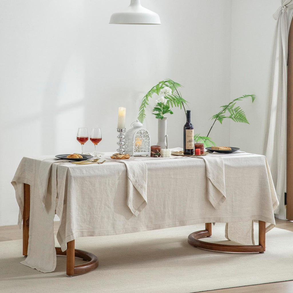 EVERLY Pure Linen Hemstitch Tablecloth,100% Stonewashed French Linen tablecloths for Kitchen Dining Rectangle Tables,60x108Inch Machine Washable Christmas Thanksgiving Organic Tablecloth-Natural Linen