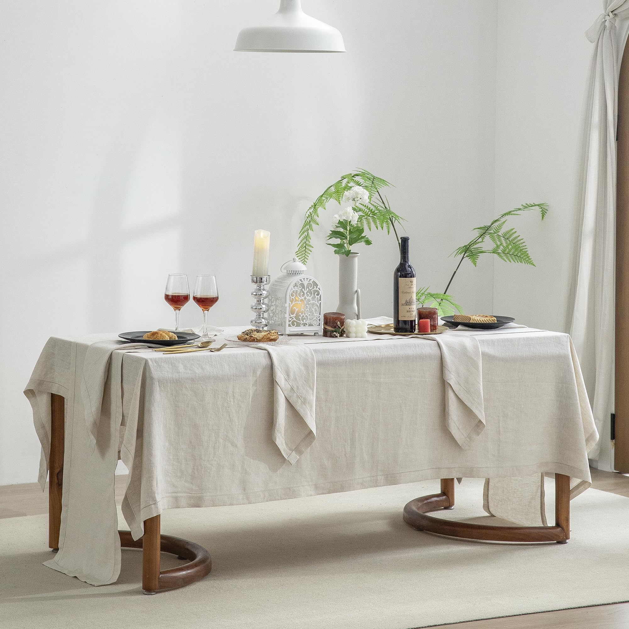EVERLY Pure Linen Hemstitch Tablecloth,100% Stonewashed French Linen tablecloths for Kitchen Dining Rectangle Tables,60x108Inch Machine Washable Christmas Thanksgiving Organic Tablecloth-Natural Linen