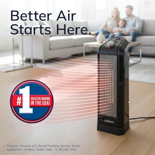 Lasko Oscillating Ceramic Tower Space Heater - 1500W with Adjustable Thermostat & Overheat Protection | 15.7 Inches, Black