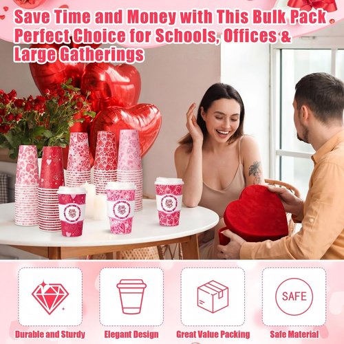 Jingmore 48 Sets 16oz Disposable Paper Coffee Cups with Lids Sleeves Straws Holiday Paper Drinking Cups Bulk for Hot Cold Beverages Home Business Cafe Birthday Party Supplies (Hearts)