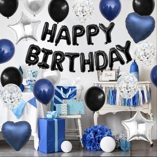 Navy Blue and Black Birthday Decorations for Men,Blue Black White Balloons Happy Birthdays Balloon Banner Silver Confetti Balloons for Men Boy Girls Women Adults Birthday Party Decorations