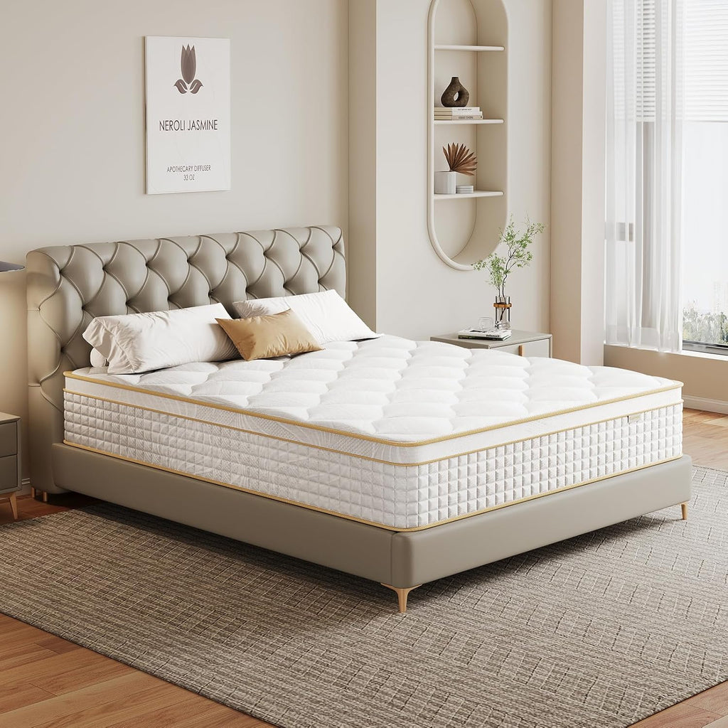 Skiennix Queen Mattress - 12 Inch Hybrid Design with Memory Foam & Pocket Springs | Medium Firm, Pressure Relief