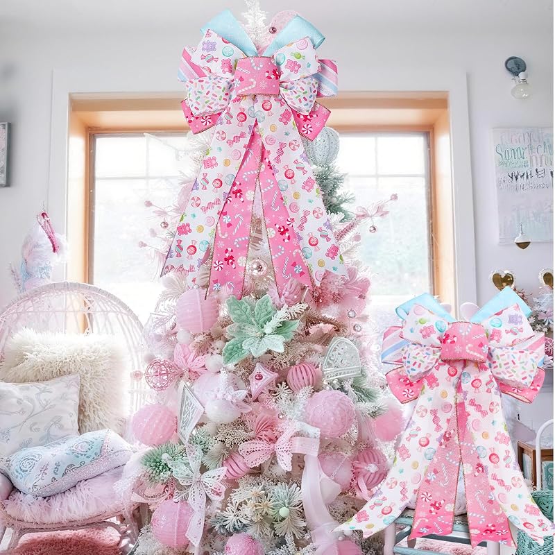 Pastel Candy Christmas Tree Topper Bows, 2 Pack 28x50 cm Pink & White