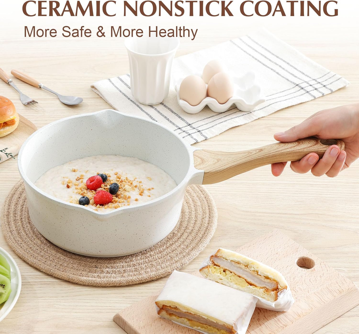 SENSARTE Nonstick White Ceramic Saucepan - 3.0 Quarts with Double Spout & Stay Cool Handle | Induction Compatible