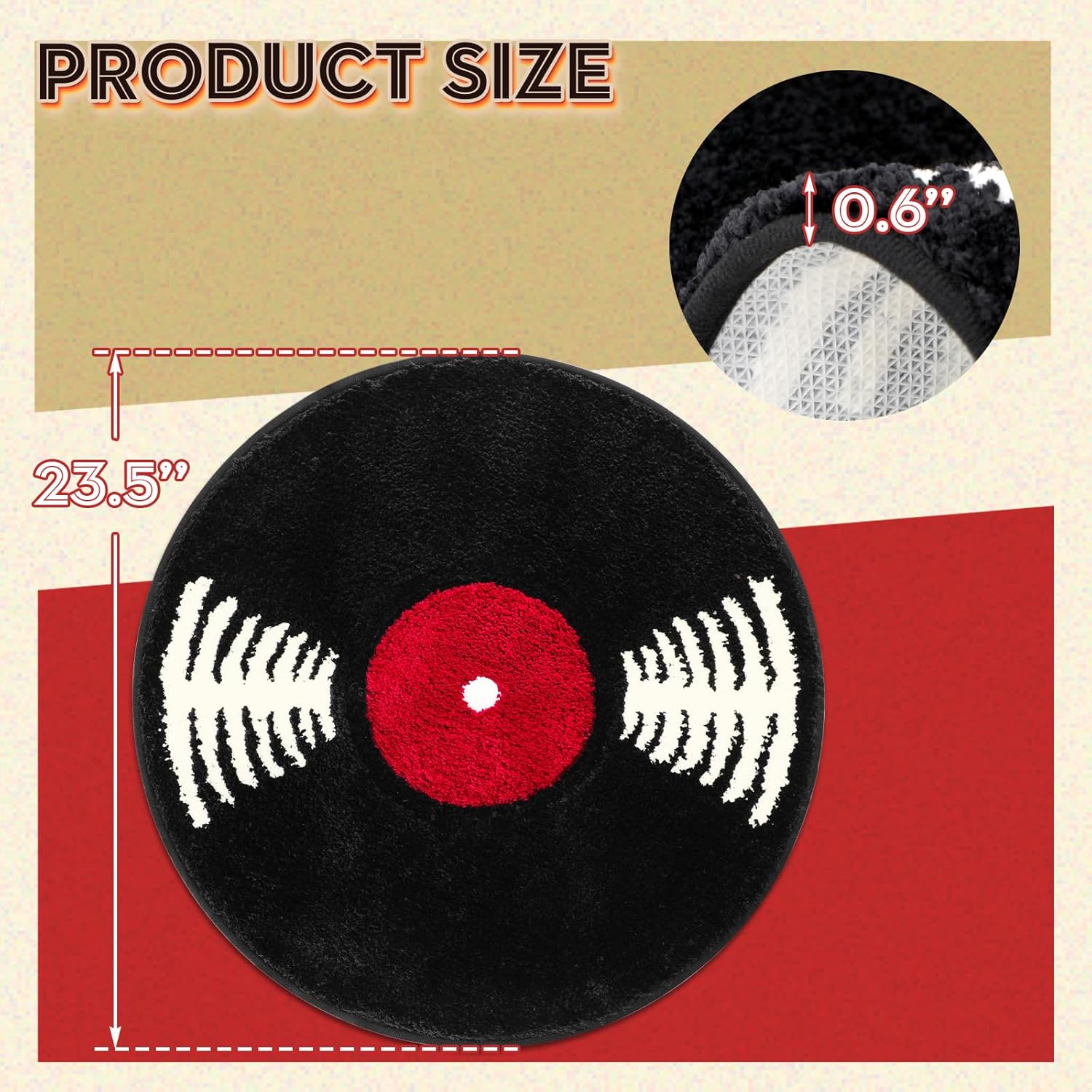 Skiennix Vinyl Record Bath Mat - Retro Non-Slip Washable Rug | Funny Music Theme Decor - 23.5" Black & White