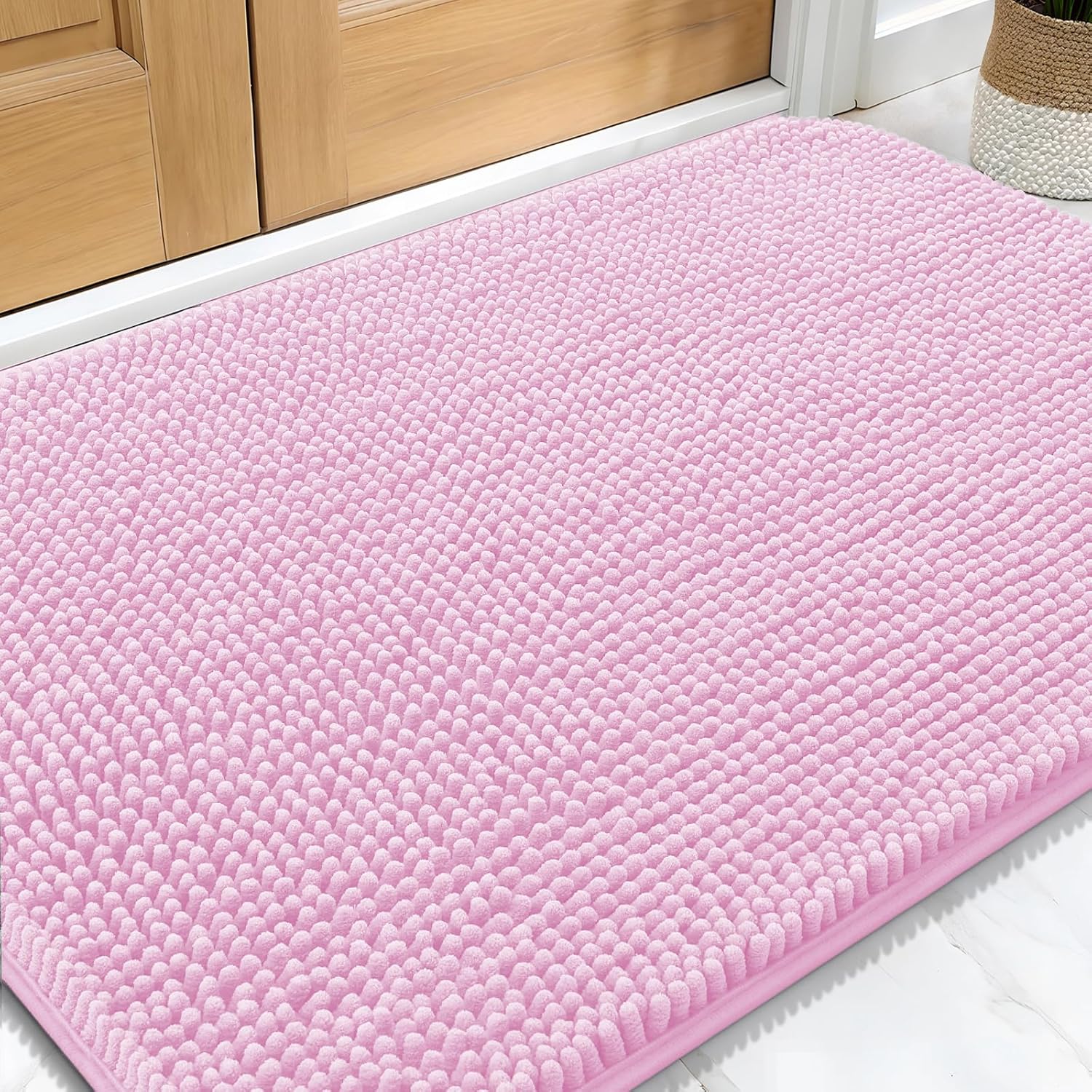 OLANLY Dog Door Mat - Absorbent Non-Slip Chenille for Muddy Paws | 34x21 Inches, Quick Dry, Pink