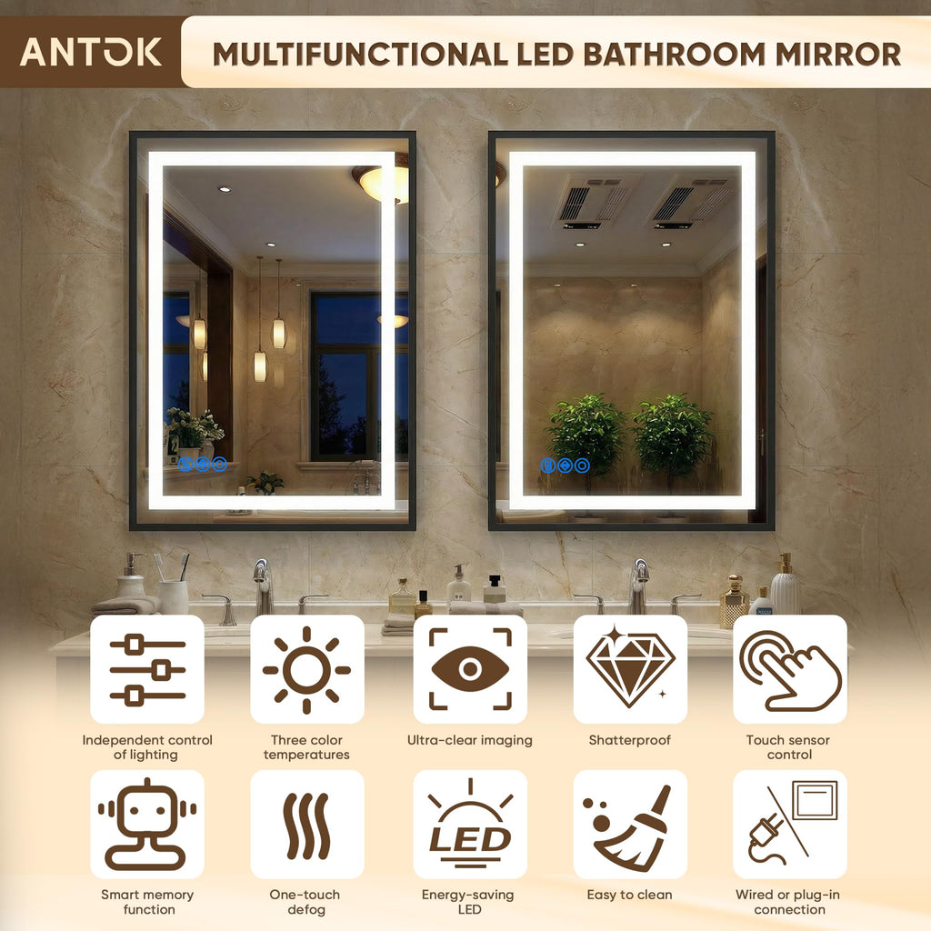 Antok 24X36 LED Bathroom Mirror with Lights, Vanity Mirror for Wall with Black Frame, Touch Control, Anti-Fog, Dimmable Lights, Shatter-Proof, Memory Function, Wall-Mounted Vanity Mirrors