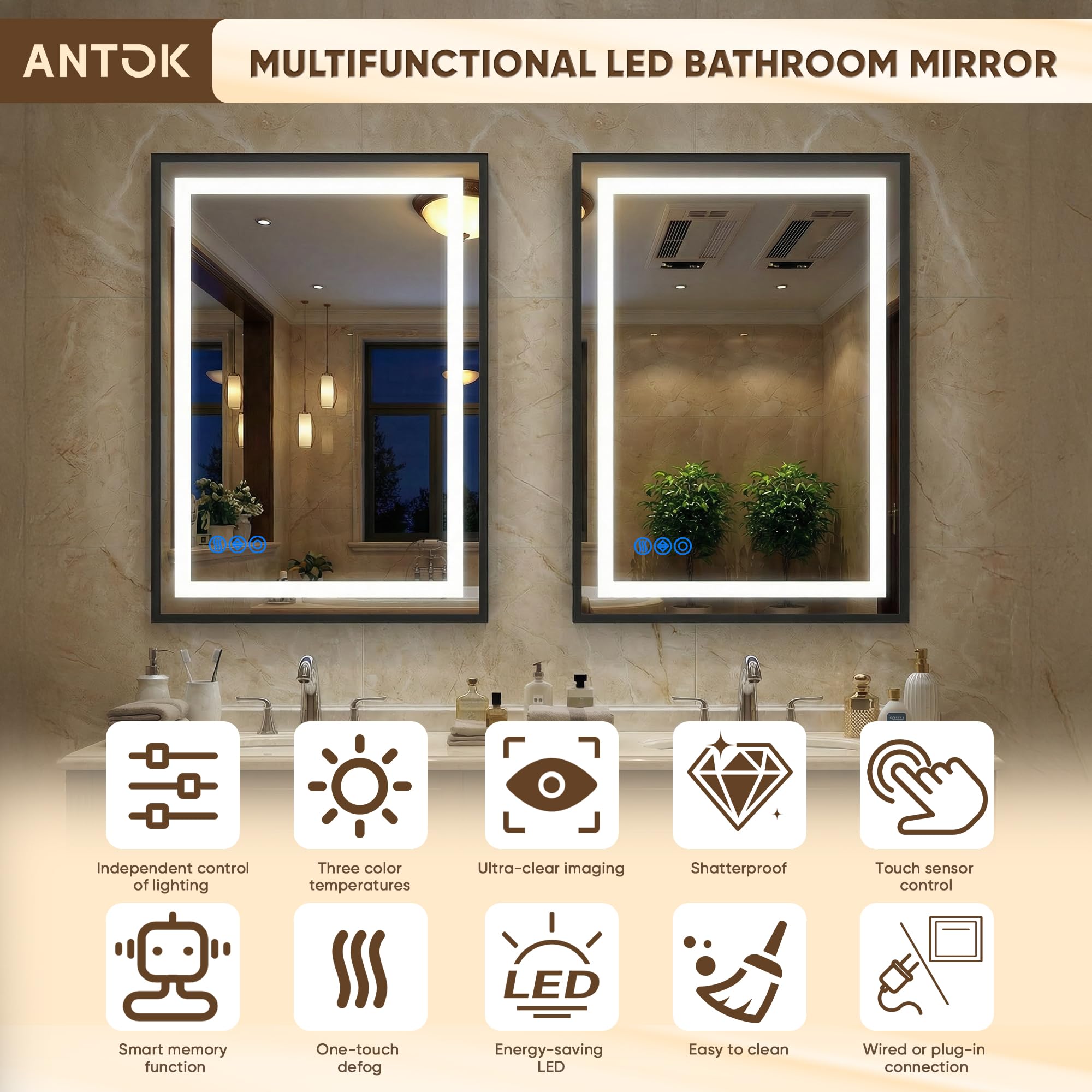 Antok 24X36 LED Bathroom Mirror with Lights, Vanity Mirror for Wall with Black Frame, Touch Control, Anti-Fog, Dimmable Lights, Shatter-Proof, Memory Function, Wall-Mounted Vanity Mirrors