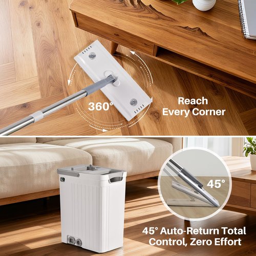 Mop and Bucket Set with AUTO Pump, 3-Zone Separate Dirty and Clean Water, Flat Mop and Bucket System with Wringer and Wheels, 3 Reusable Microfiber Pads, One-Touch Water Filling for Home Cleaning