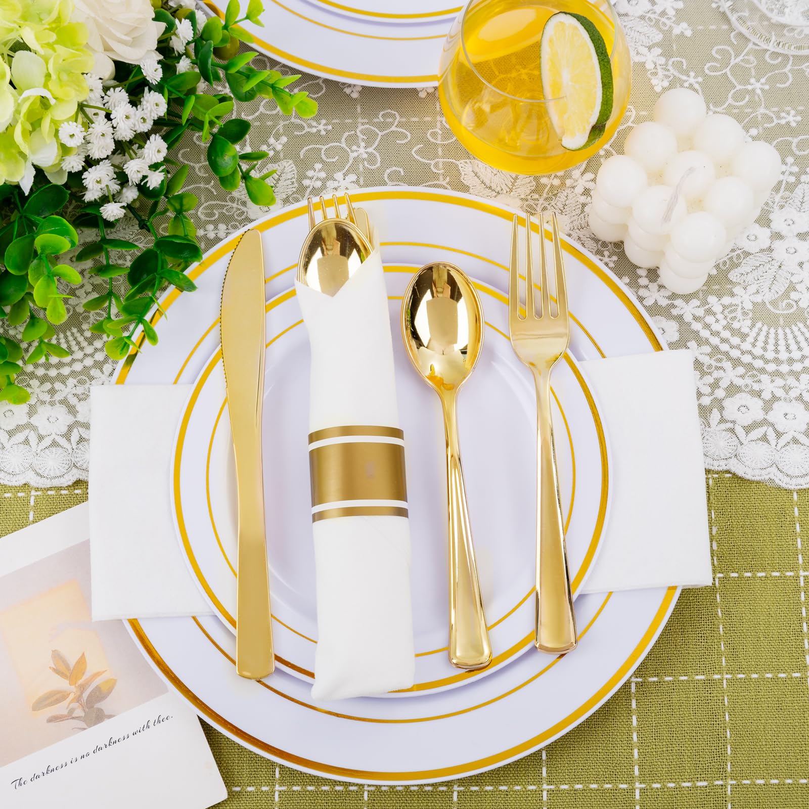 Nervure 400PCS Pre Rolled Gold Plastic Silverware Sets - Heavy Duty Gold Cutlery - Include 100 Pack Wrapped Disposable Utensils with Napkins for Parties, Dinners & Weddings