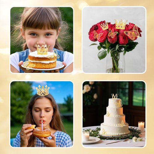 66PCS Flower Bouquet Accessories Gold, Cake Crown Topper, Mini Crowns Decoration for Birthday Wedding