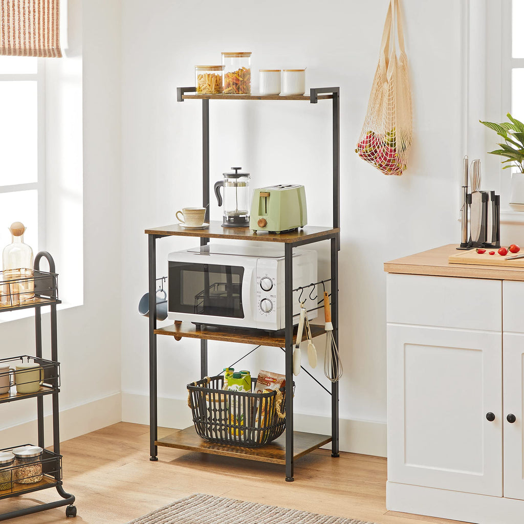 VASAGLE Kitchen Storage, Bakers Rack, Coffee Bar, 3-Tier Shelf, 6 S-Hooks, for Microwave, Spice Jars, Pots and Pans, Industrial, Rustic Brown and Black UKKS023B01