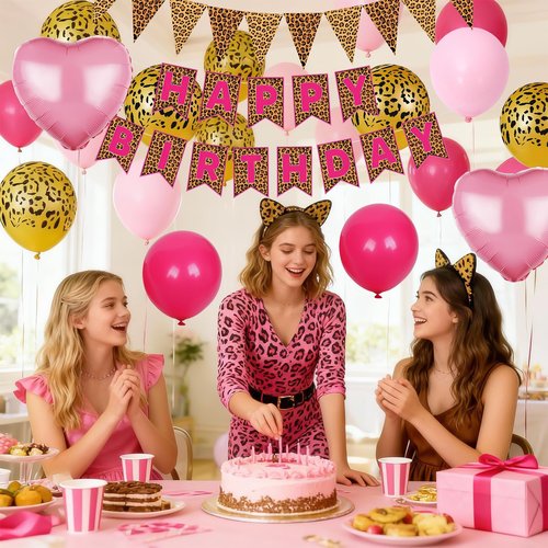 Pink Leopard Birthday Decorations, Gold Cheetah Print Animal Balloons Hot Pink and Heart Balloons, Cheetah Happy Birthday Banner for Safari Wild Birthday Baby Shower Jungle Theme Party Supplies