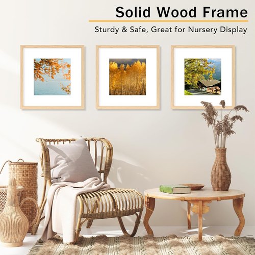 JCJMY 12x12 Solid Wood Picture Frame - Display 8x8 with Mat or 12x12 Without Mat, Natural Finish