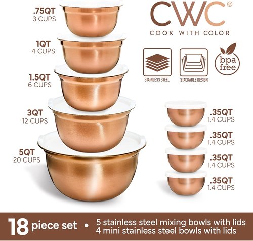 Cook With Color 18-Piece Mixing Bowls Set - Airtight Lids & Stainless Steel Organizers | Copper Kitchen Storage