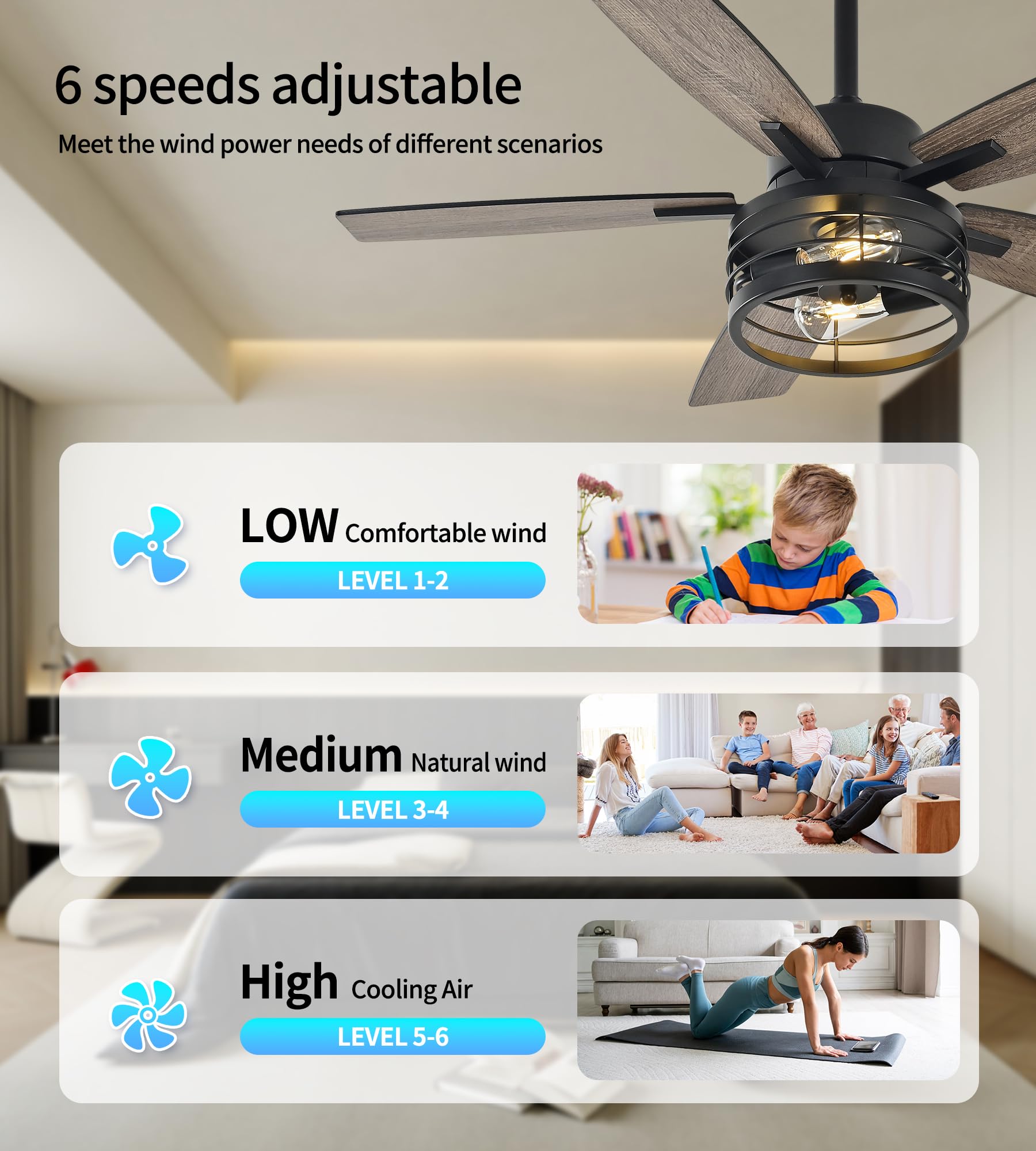 TAVZAKE 42 inch Ceiling Fans with Lights, Low Profile Ceiling Fan with Remote Control, 6 Speeds DC Reversible, 5 Blades, Classic Ceiling Fans for Living Room and Garage