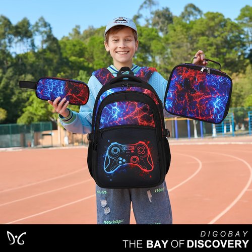DIGOBAY Boys Backpack for School, 3PCS Cool Luminous Gamer Backpack for Boys with Lunch Box Pencil Case, Kids Backpacks Bookbag for Teen Boy Elementary Middle High School with USB Charging Port