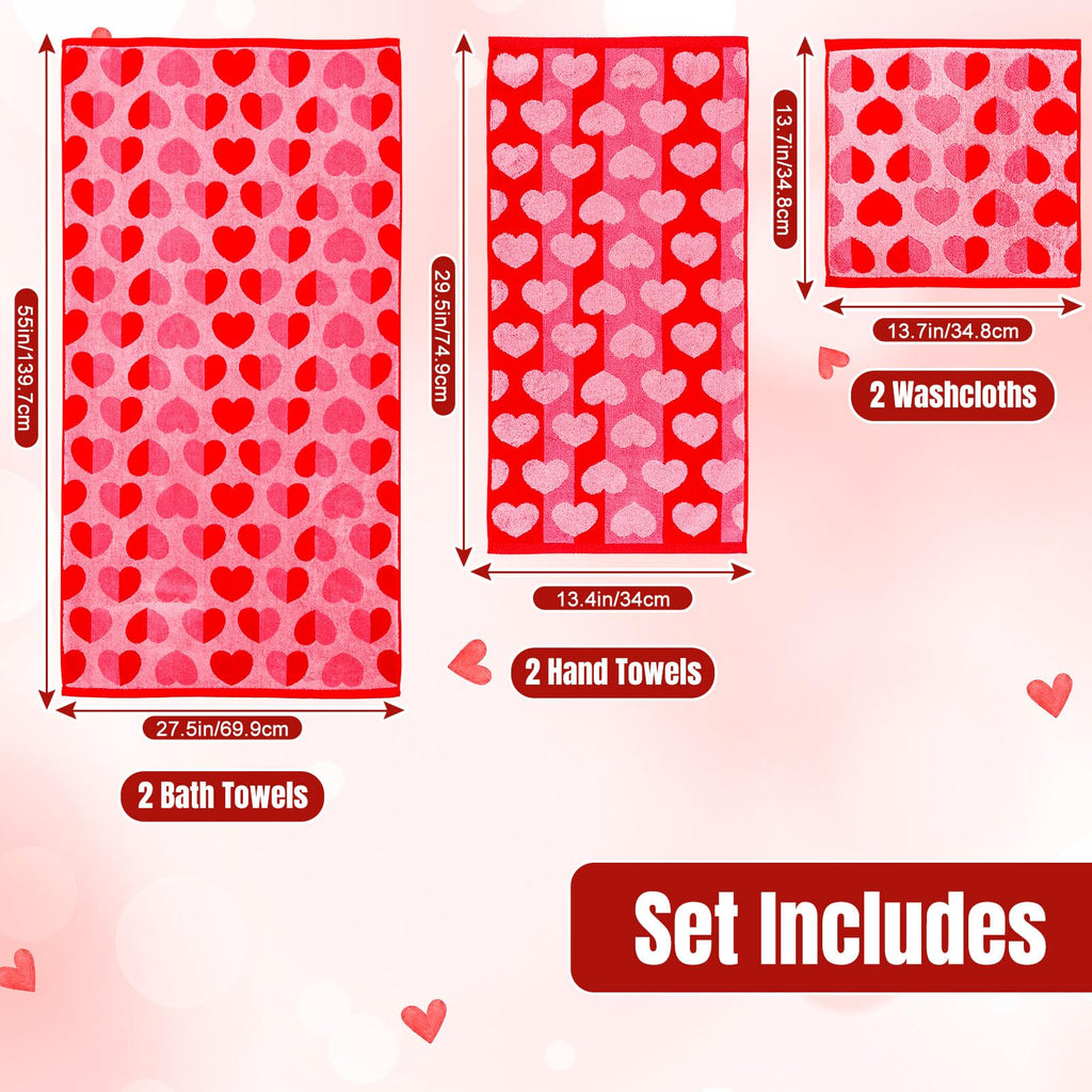 Whaline Valentine's Day Bath Towels Set of 6 Jacquard Cotton Bathroom Towel Red Pink Heart Hand Towel Wash Cloth for Holiday Hand Drying Shower Supplies