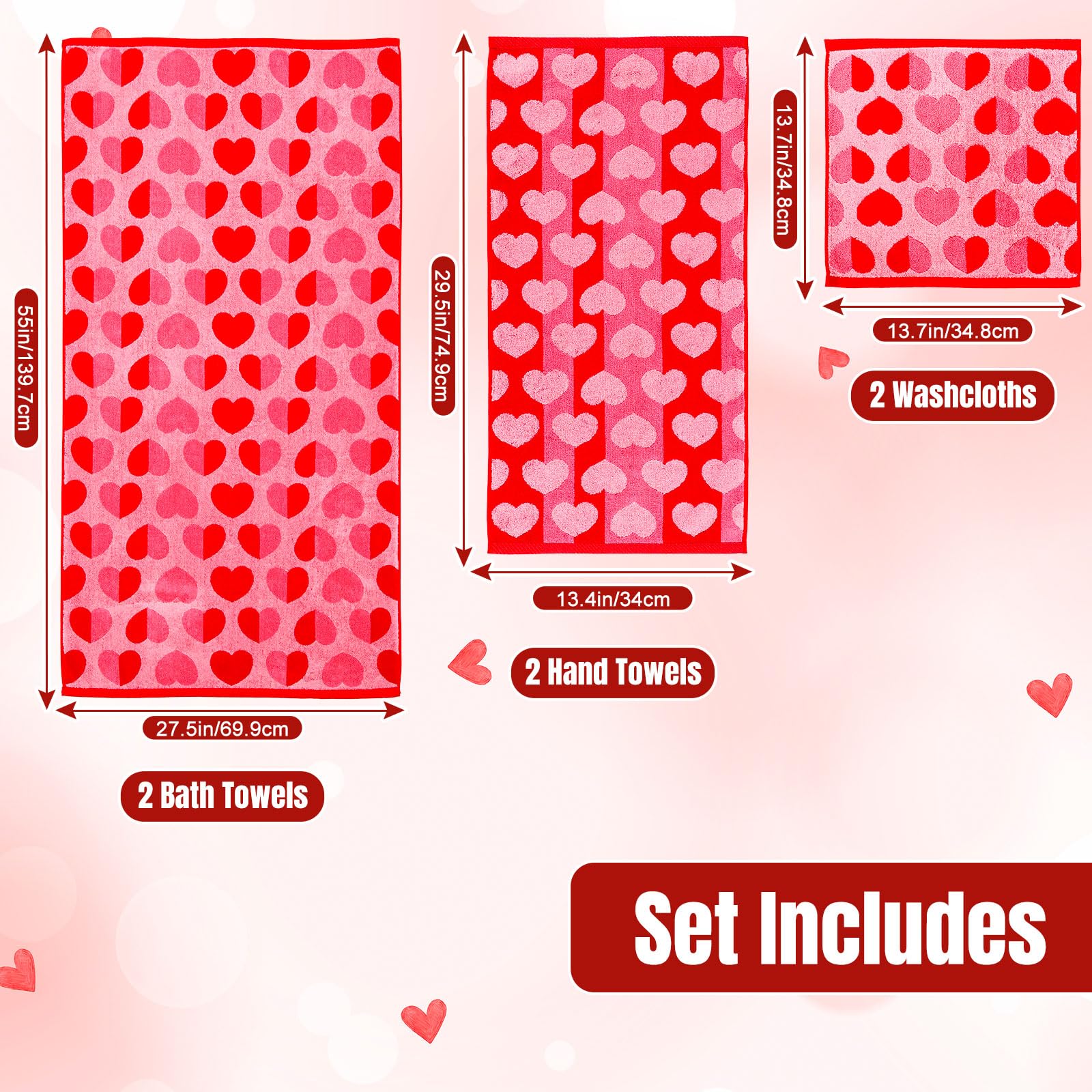 Whaline Valentine's Day Bath Towels Set of 6 Jacquard Cotton Bathroom Towel Red Pink Heart Hand Towel Wash Cloth for Holiday Hand Drying Shower Supplies