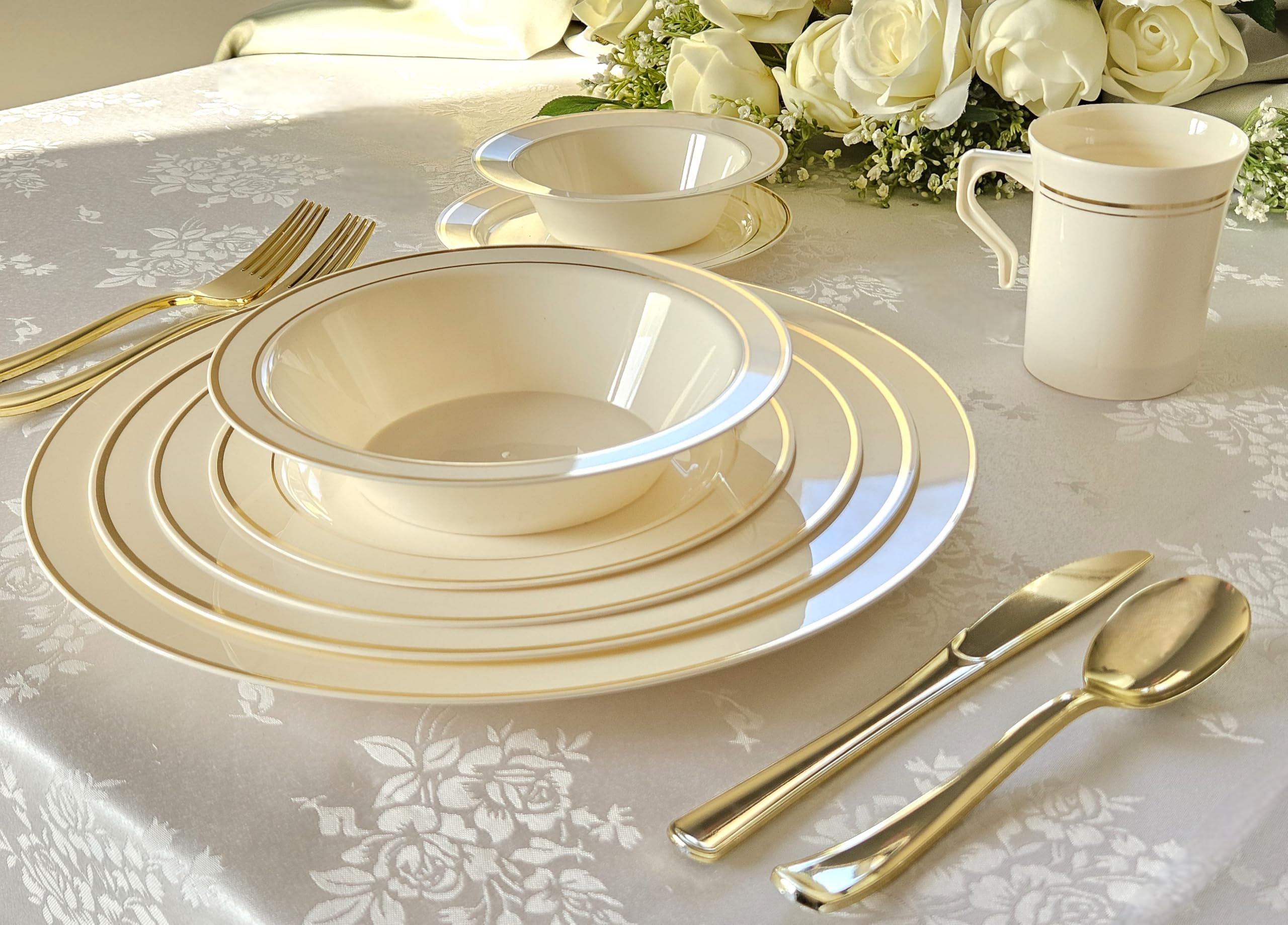 OCCASIONS 40 Pack Disposable Plastic Charger Plates 12 Inch, Heavy Duty Bulk Chargers for Dinner Plates, Wedding Party, Fancy Dinnerware, Recyclable BPA Free (Ivory & Gold Rim)