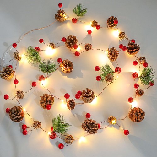 CCINEE 6.56ft Christmas Pine Cone Garland, Light up Garland String Lights Battery Operated Christmas Decor with Red Berry Pine Cone Indoor Decorations for Fireplace
