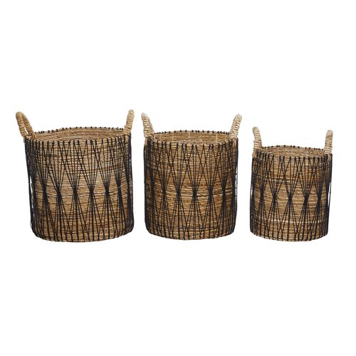 Deco 79 Banana Leaf Handmade Decorative and Functional Storage Basket String Detail Basket Organizer with Handles, Set of 3 Basket for Storage 20", 19", 17"H, Brown