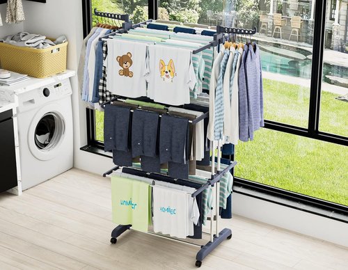 HOMIDEC Oversized 4-Tier Clothes Drying Rack - Foldable Stainless Steel with 24 Poles & 14 Hooks | Grey
