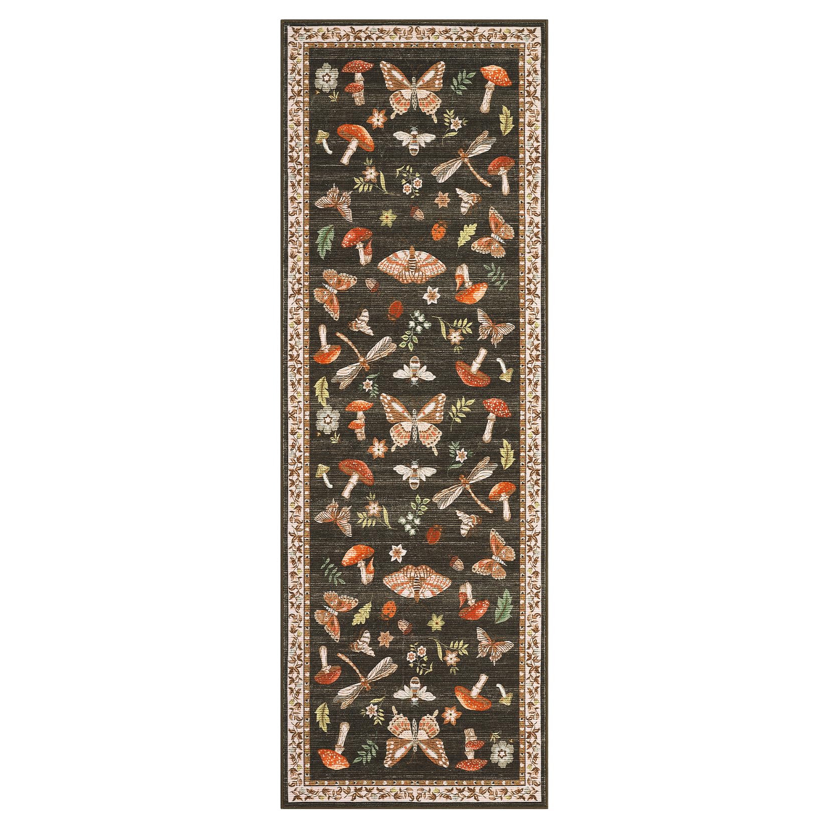 ROYHOME Mushroom Insect Washable Rug 2x6 Runners for Hallways, Boho Kitchen Runner Rugs Non Slip Bath Runner, Modern Bedroom, Soft Long Entryway Bathroom Laundry Dorm, Brown