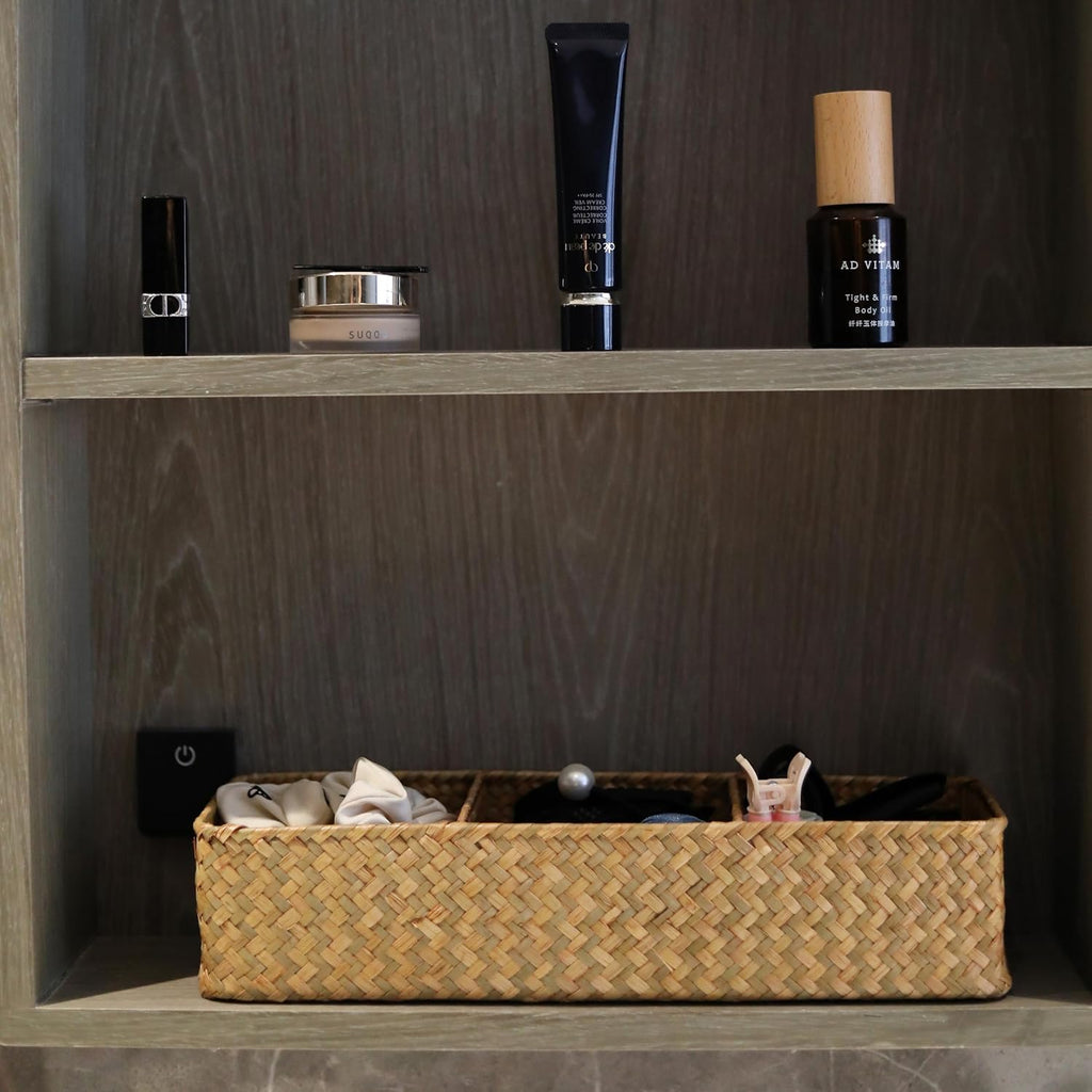 Seagrass Storage Basket - 3-Section Woven Compartment Baskets | Natural, 14.6” x 4.7” x 3.1”