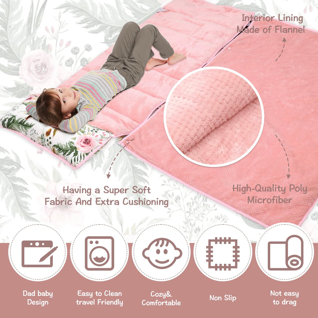 Nap Mats for Preschool,Toddler Nap Mat with Removable Blanket and Pillow, Extra Large Rolled Napping Mats,Toddler Sleeping Bag,Kids Sleeping Bag for Daycare,Nap Mats for Daycare (Flower)