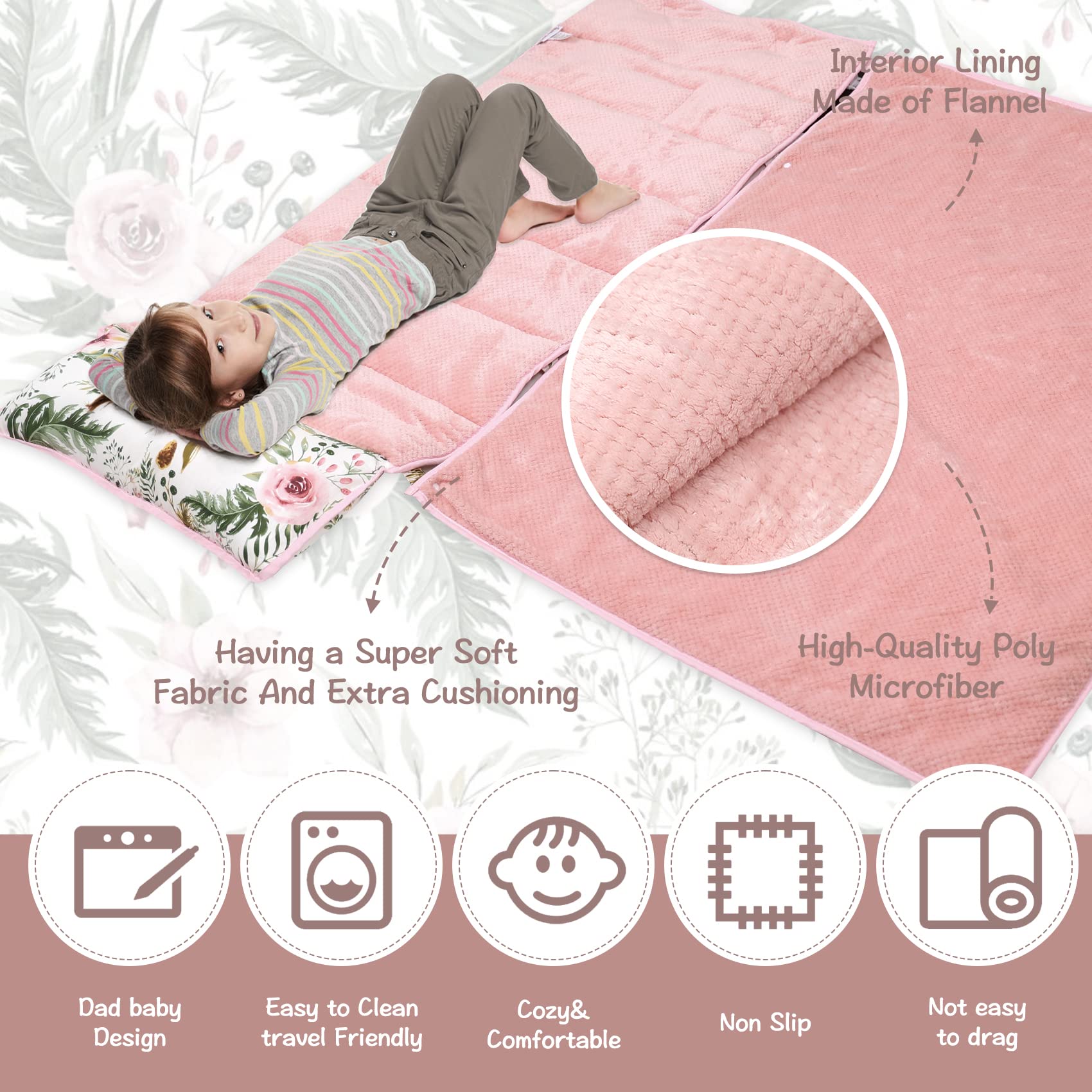 Nap Mats for Preschool,Toddler Nap Mat with Removable Blanket and Pillow, Extra Large Rolled Napping Mats,Toddler Sleeping Bag,Kids Sleeping Bag for Daycare,Nap Mats for Daycare (Flower)